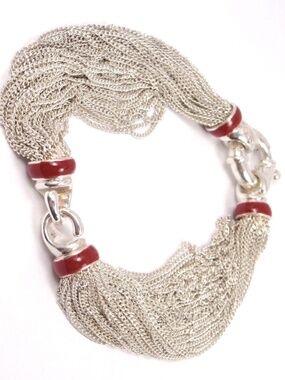 Tiffany & Co. Sterling Silver Red Enamel Multi Strand Chain Mesh Bracelet
